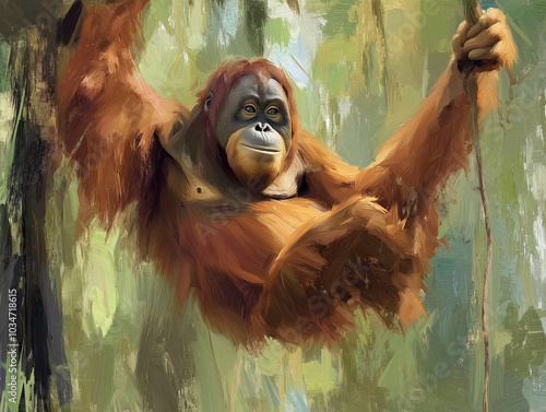 Tropical Agility: Swinging Orangutan in Lush Oil Canvas photo