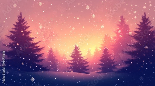 Beautiful holiday background with Christmas trees, snowflakes, and warm, glowing lights in the distance.