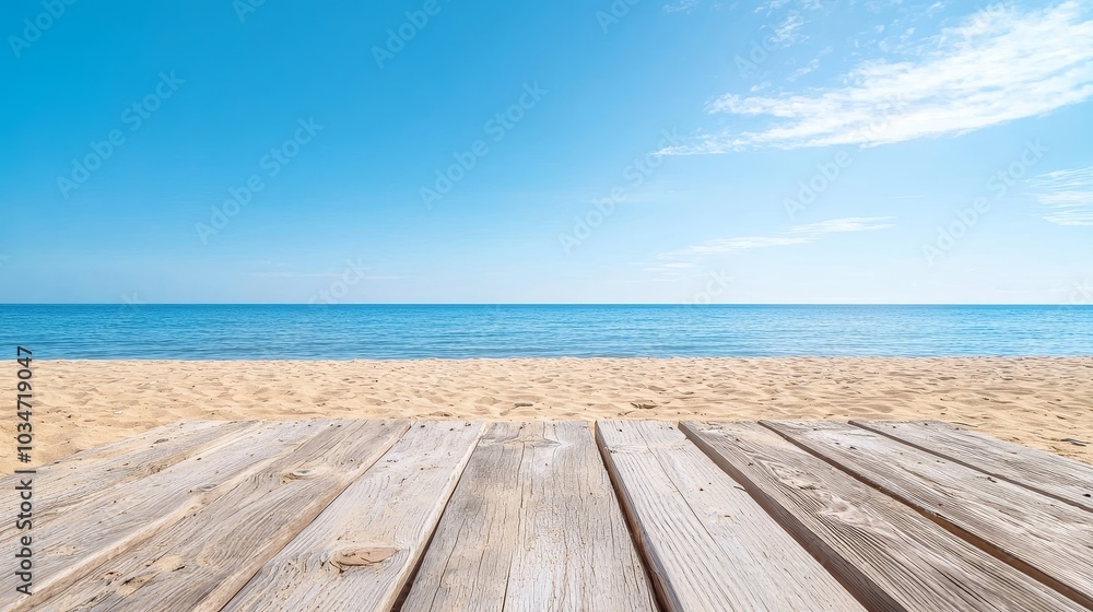 Fototapeta premium Weathered Wooden Dock on a Golden Sand Beach with Serene Ocean Horizon