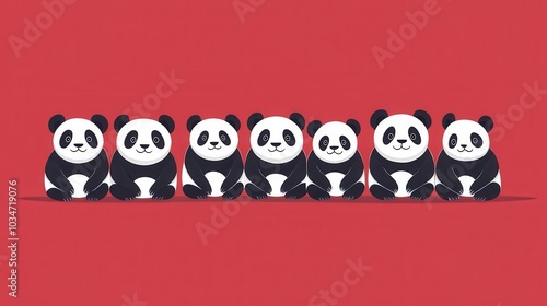 Cute Cartoon Panda Bears in a Row on Red Background - Adorable Vector Illustration for Children's Products and Decor photo