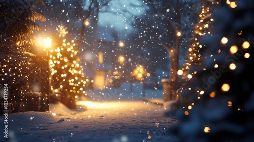 Christmas night background with soft snow falling, Christmas lights twinkling, and a peaceful holiday scene unfolding.