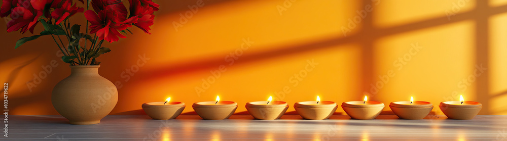 Warm Diwali Celebration with Lit Clay Candle Holders Arranged in a Row Against an Orange Wall Warm Diwali Celebration with Lit Clay Candle Holders Arranged in a Row Against an Orange Wall