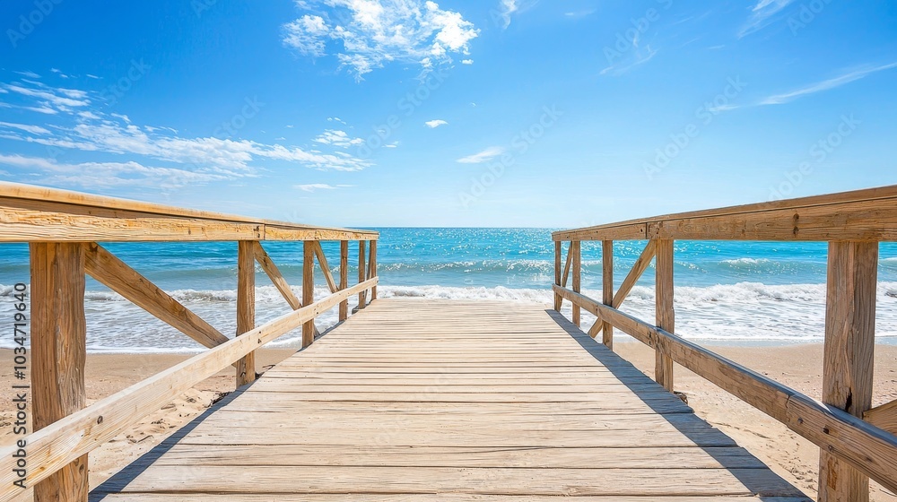 Wooden Boardwalk Leading to a Serene Sandy Beach and Ocean Horizon Wooden Boardwalk Leading to a Serene Sandy Beach and Ocean Horizon