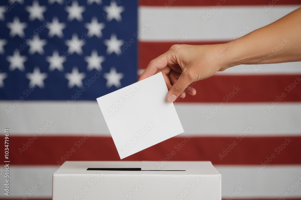 A hand places a ballot into a box with the American flag in the background, highlighting the importance of voting in democracy A hand places a ballot into a box with the American flag in the background, highlighting the importance of voting in democracy
