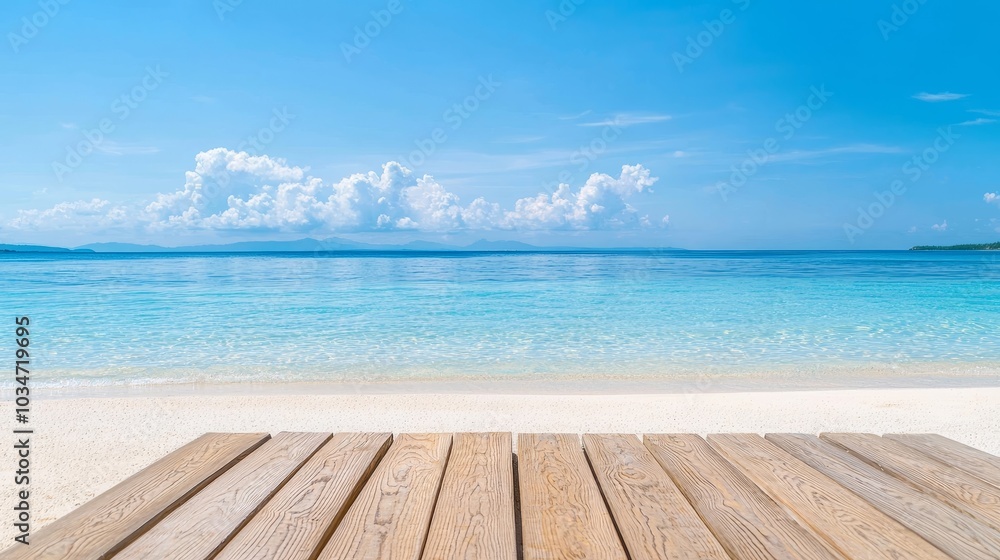 Fototapeta premium Wooden Planks Leading to Tranquil Ocean Beach Shoreline Panorama