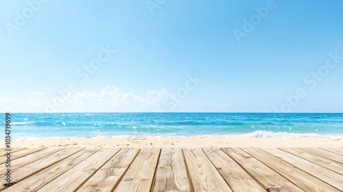 Wooden Planks on a Sunny Beach with a Gentle Sea and Horizon