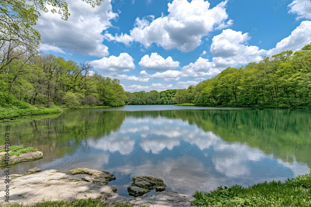 Fototapeta premium Tranquil Lake with Lush Green Trees and Blue Sky Reflections
