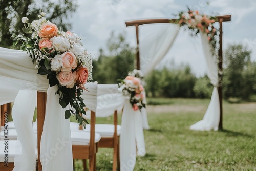 Elegant Outdoor Wedding Ceremony Decor with Floral Arch and Chairs photo