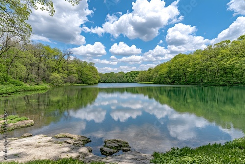 Tranquil Lake with Lush Green Trees and Blue Sky Reflections