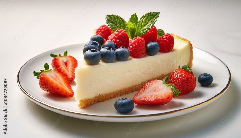 Sliced cheesecake with strawberries and blueberries on a white plate; delicious dessert with a slice of cheesecake or fruit tart or tiramisu on a plate; dessert photography; selective focus Sliced cheesecake with strawberries and blueberries on a white plate; delicious dessert with a slice of cheesecake or fruit tart or tiramisu on a plate; dessert photography; selective focus