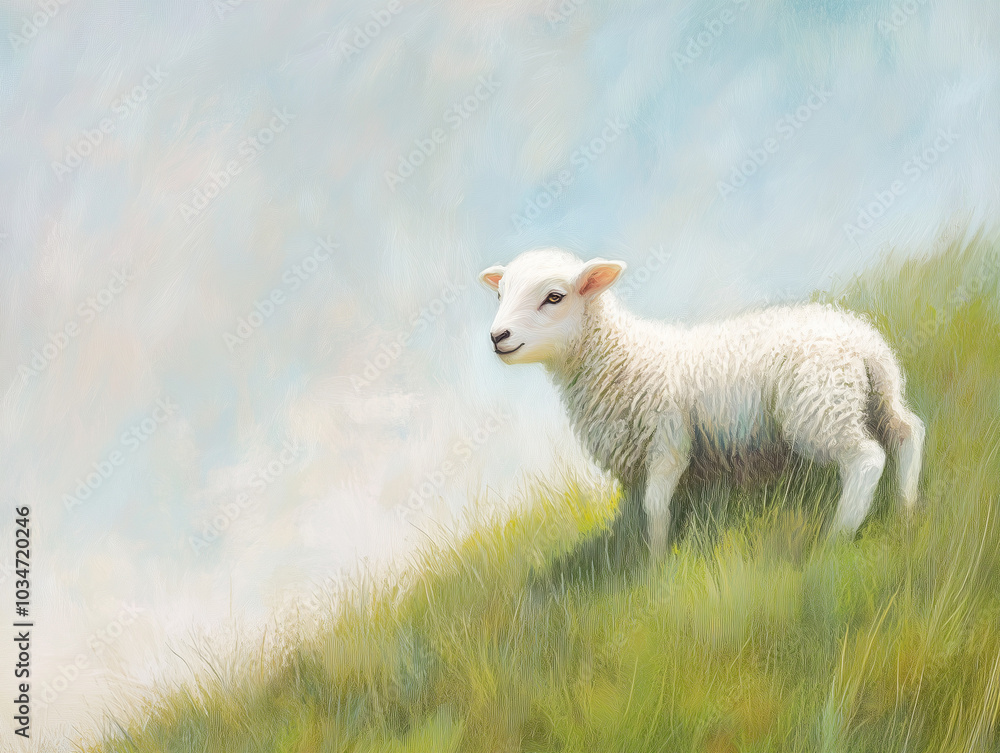 Pastoral Play: A Gamboling Lamb on a Grassy Hill in Playful Pastels Pastoral Play: A Gamboling Lamb on a Grassy Hill in Playful Pastels