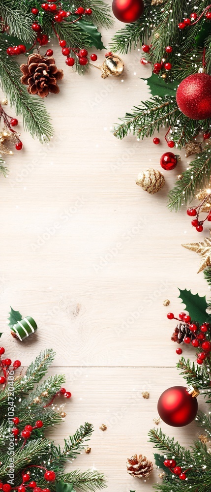 Christmas Ornament Border with Pine Branches and Holly on White Wooden Background. Christmas Ornament Border with Pine Branches and Holly on White Wooden Background.