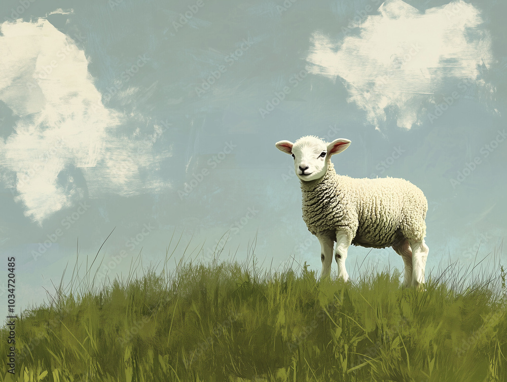 Playful Pasture: Gamboling Lamb on a Grassy Hill in Pastels Playful Pasture: Gamboling Lamb on a Grassy Hill in Pastels