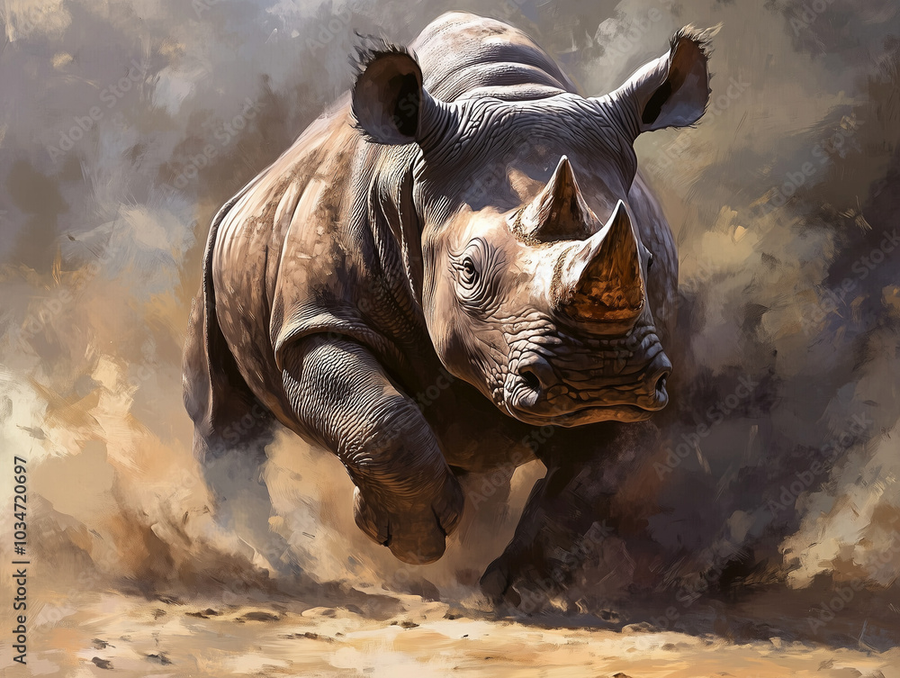 Fototapeta premium Robust Rhino Charging: Intense Tempera Paint Depiction of Wild Power