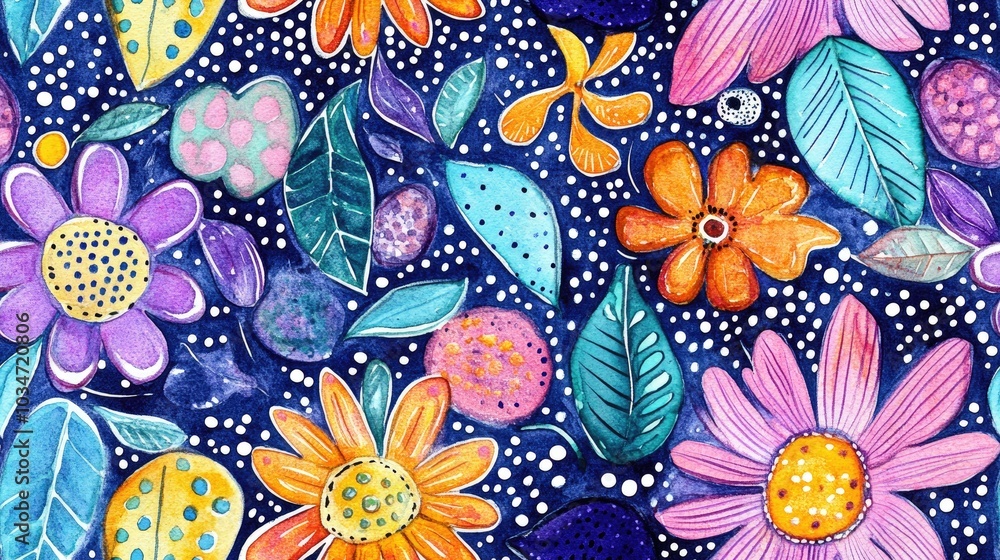 Hand painted abstract watercolor doodle sketch featuring a repeating pattern of ethnic flowers leaves and dots on an isolated background Hand painted abstract watercolor doodle sketch featuring a repeating pattern of ethnic flowers leaves and dots on an isolated background