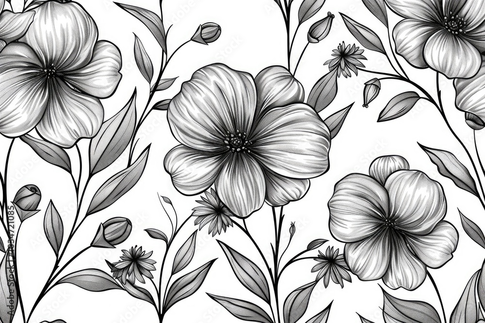 Coloring book illustration of a seamless pattern featuring hand drawn textured flowers and floral branches in black and white Elegant design for fabric wallpaper and textile projects Coloring book illustration of a seamless pattern featuring hand drawn textured flowers and floral branches in black and white Elegant design for fabric wallpaper and textile projects