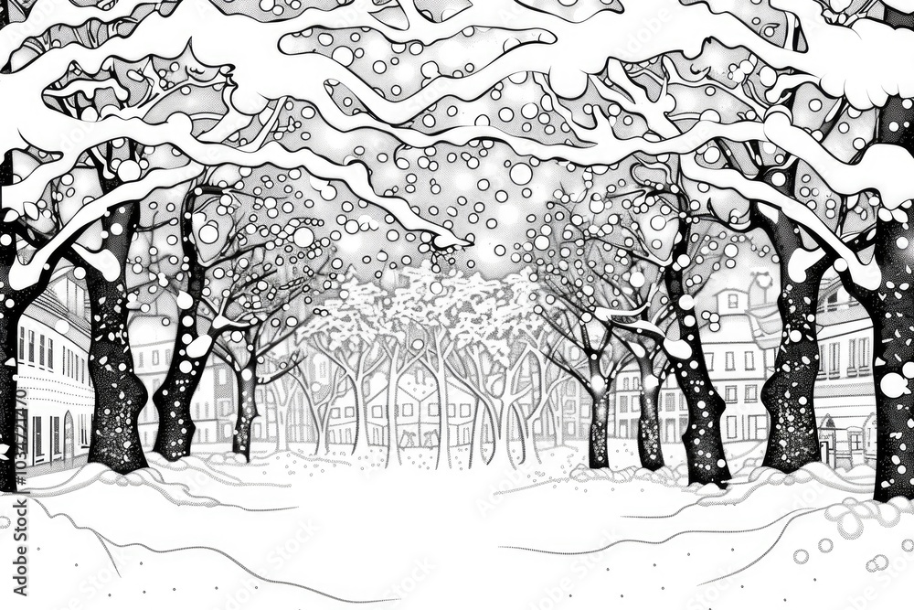 Obraz premium Coloring book illustration of snow covered trees with branches nighttime magic winter beauty peaceful dreams dark ambiance enchanting nature serene streets adorned with snow and twinkling lights