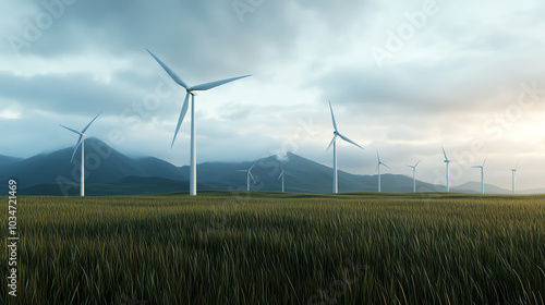 A panoramic view of wind turbines standing tall in a lush green field, with mountains in the background under a cloudy sky, symbolizing renewable energy.