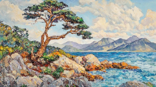 Oil painting depicting a serene island landscape captured in vibrant colors and rich textures