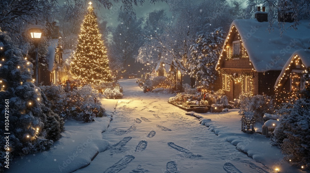 Photorealistic, ultra detailed Christmas scene of a quiet snowy street Photorealistic, ultra detailed Christmas scene of a quiet snowy street