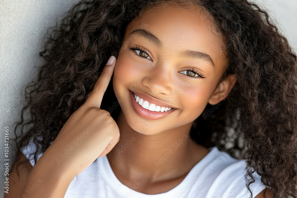 Smiling Young African American Woman Pointing to the Side in a White T-Shirt on Light Gray Background Smiling Young African American Woman Pointing to the Side in a White T-Shirt on Light Gray Background