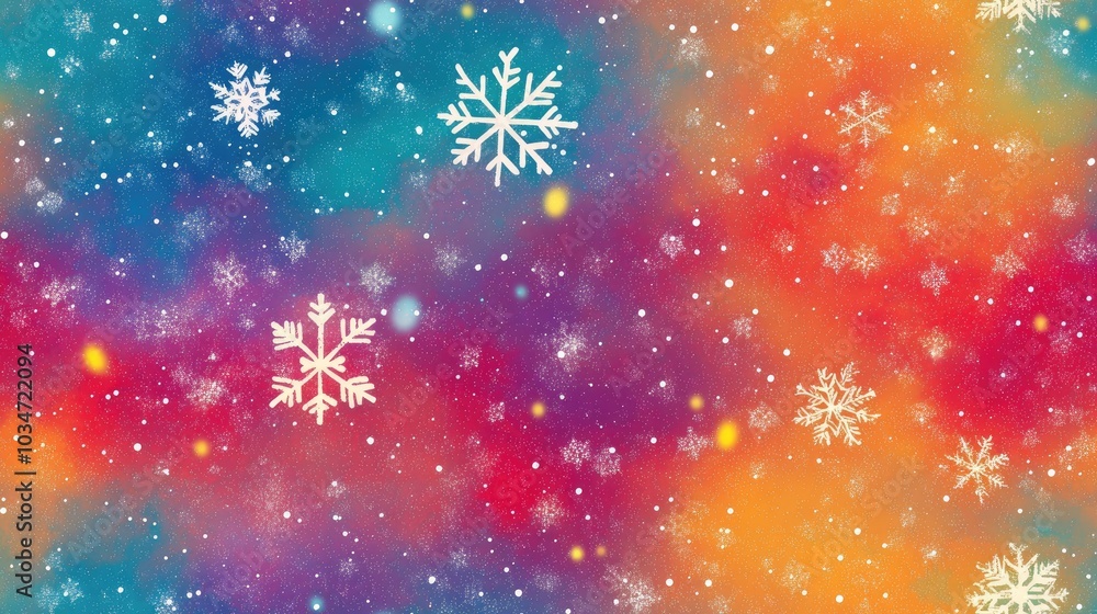 Falling snow in a seamless pattern featuring stylized snowflakes and dots against a vibrant background with a starry sky Falling snow in a seamless pattern featuring stylized snowflakes and dots against a vibrant background with a starry sky