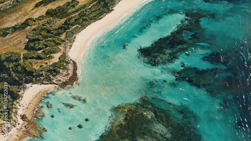 Aerial view of a beach destination featuring a crystal clear shoreline depicted in an oil painting style