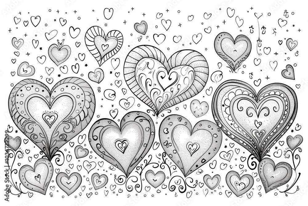 Coloring book illustration of a romantic theme with hearts and love symbols on a white background Coloring book illustration of a romantic theme with hearts and love symbols on a white background