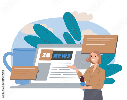 Woman with news online. Young girl near laptop with electronic newspaper on Internet. Blog and broadcast, article at webpage. Flat vector illustration isolated on white background