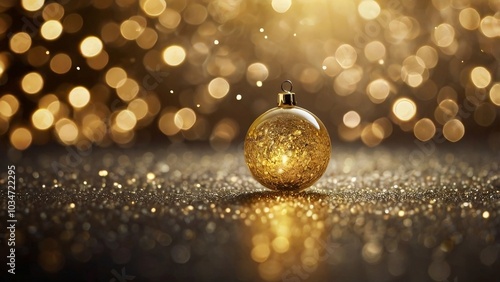 Shiny Christmas decoration ball on a yellow bokeh blur background, perfect for Christmas wishing banners and New Year celebrations, with festive vibes and copy space.