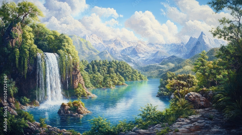 Fototapeta premium Oil painting depicting stunning natural vistas of a national park featuring cascading lakes and lush landscapes