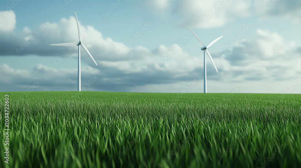 A serene landscape featuring wind turbines on a lush green field under a beautifully textured sky with clouds. Ideal for promoting renewable energy. A serene landscape featuring wind turbines on a lush green field under a beautifully textured sky with clouds. Ideal for promoting renewable energy.