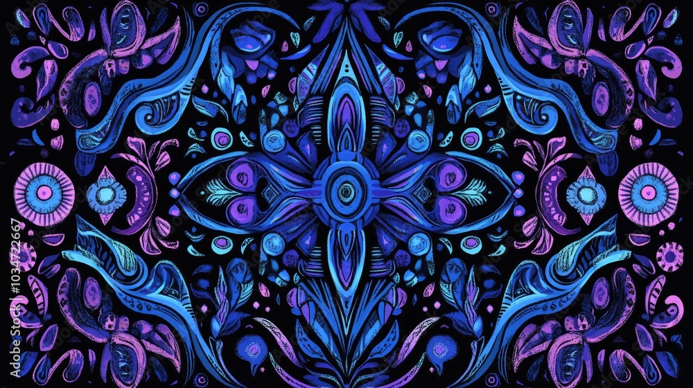 Psychedelic abstract ornament featuring shamanic designs in blue and violet set against a black background A high quality surreal doodle illustration with a bohemian touch Psychedelic abstract ornament featuring shamanic designs in blue and violet set against a black background A high quality surreal doodle illustration with a bohemian touch