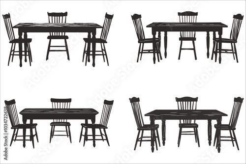 Set of stylish dining table vectors. Luxury dining table silhouettes Design Vector. Black silhouettes of dining table. Elegant dining table vector silhouettes collection