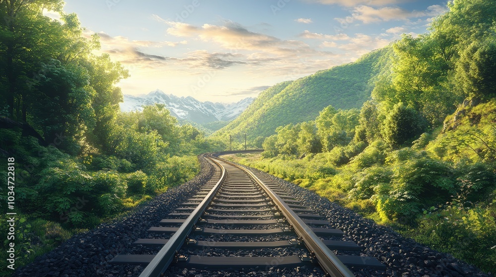 Scenic view of a railway line surrounded by lush greenery and landscape in a tranquil setting Scenic view of a railway line surrounded by lush greenery and landscape in a tranquil setting