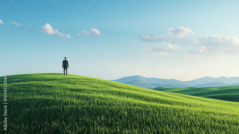 A solitary figure standing on a lush green hill, gazing into the horizon under a clear blue sky, evoking feelings of contemplation and tranquility. A solitary figure standing on a lush green hill, gazing into the horizon under a clear blue sky, evoking feelings of contemplation and tranquility.
