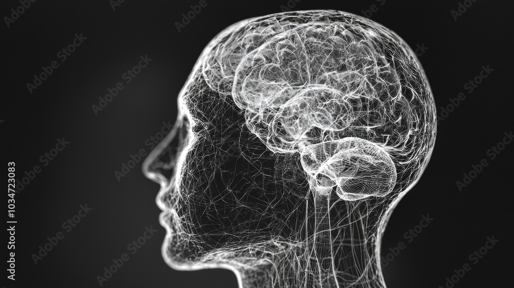 Fototapeta premium A 3D MRI of a human head with detailed AI analysis showing brainwaves and neural activity