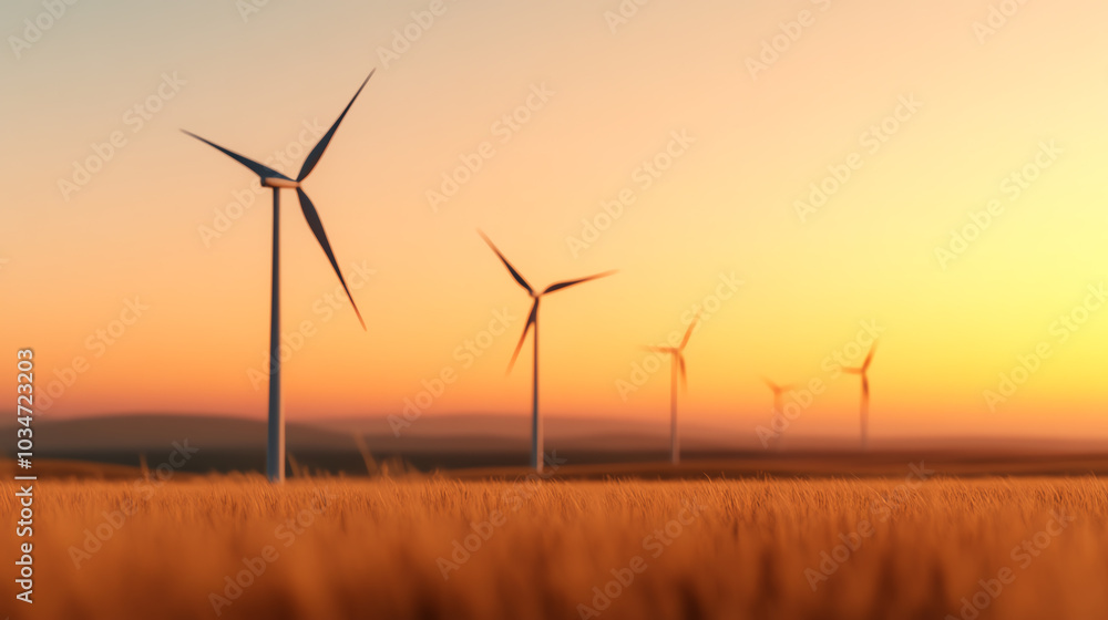 Fototapeta premium A stunning sunset showcases wind turbines rising above a golden wheat field, symbolizing clean energy and sustainable farming practices.