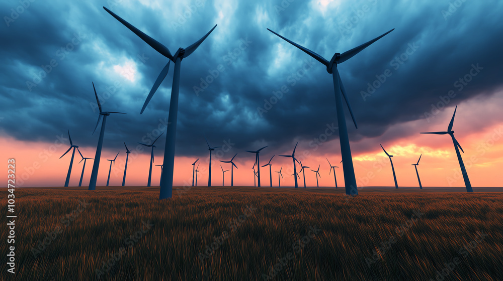 A stunning view of wind turbines standing tall against a dramatic sky during sunset, symbolizing clean energy and environmental sustainability. A stunning view of wind turbines standing tall against a dramatic sky during sunset, symbolizing clean energy and environmental sustainability.