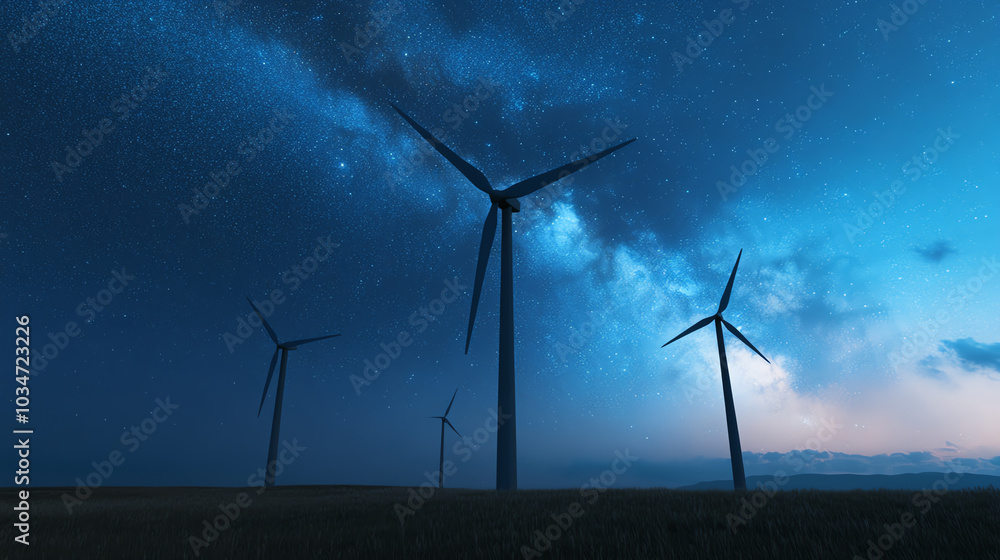 A stunning view of wind turbines against a dramatic night sky filled with stars, showcasing the beauty of renewable energy sources.