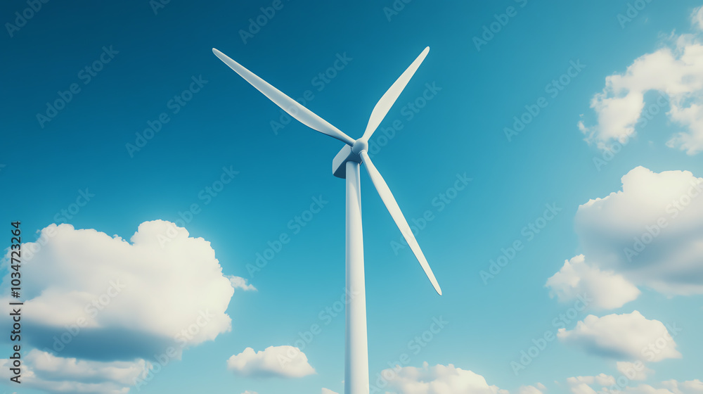A tall wind turbine stands against a clear blue sky, with soft fluffy clouds surrounding it. A symbol of renewable energy and sustainability. A tall wind turbine stands against a clear blue sky, with soft fluffy clouds surrounding it. A symbol of renewable energy and sustainability.