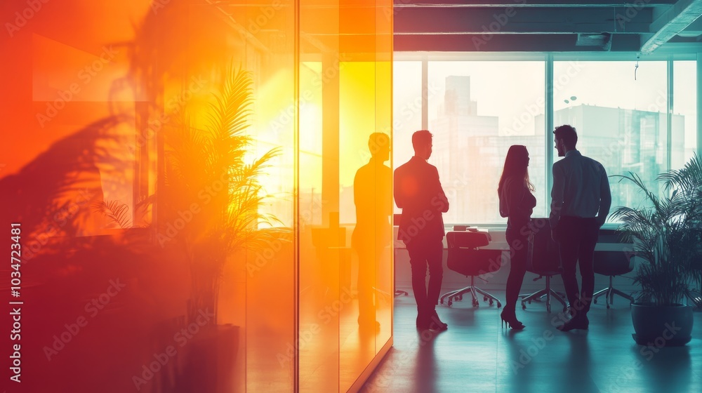 Fototapeta premium Silhouetted professionals in a collaborative environment, double exposure with light gradient effects