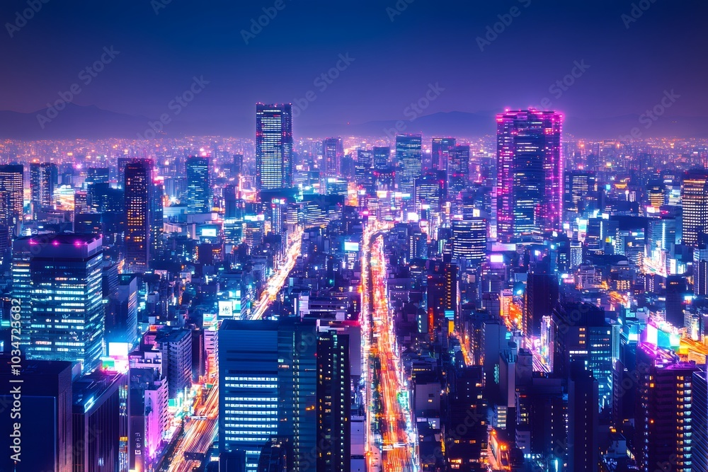 Fototapeta premium Night cityscape with illuminated skyscrapers and neon lights