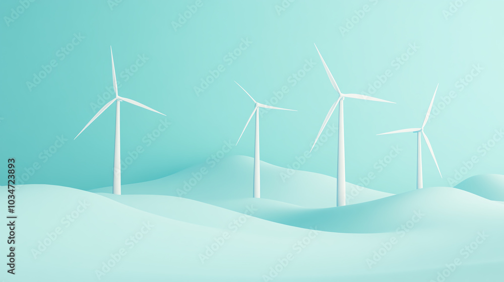 Digital illustration of wind turbines on soft hills, showcasing renewable energy. Harmonious design with a calming turquoise color palette. Digital illustration of wind turbines on soft hills, showcasing renewable energy. Harmonious design with a calming turquoise color palette.