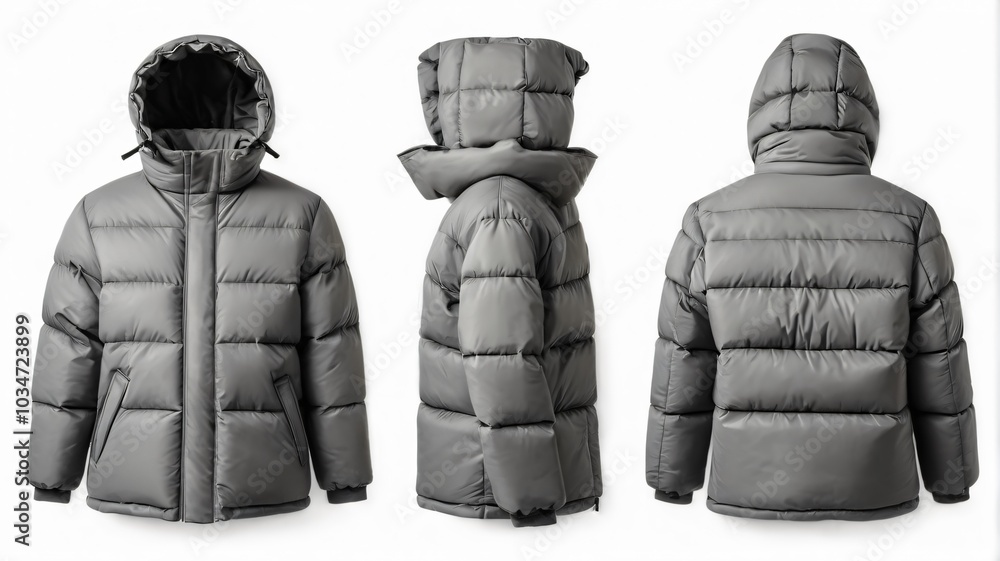 Set of gray front and back view Puffer Jacket on white background cutout. Set of gray front and back view Puffer Jacket on white background cutout.