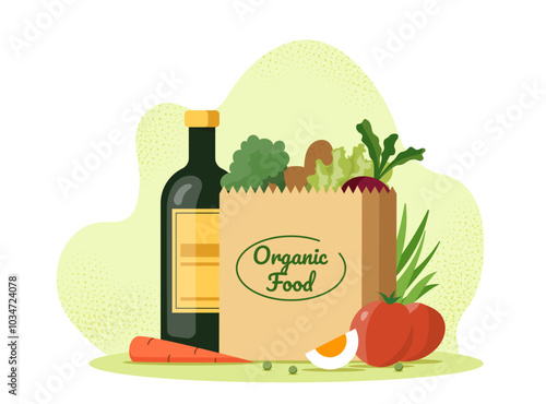 Organic grocery food. Bottle with oil near package with vegetables and egg. Natural and organic fresh products. Tomato, carrot and potato. Flat vector illustration isolated on white background