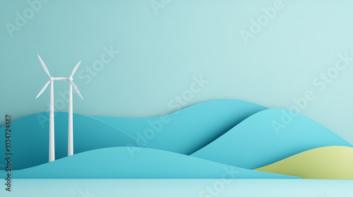 Stylized landscape with blue hills and wind turbines, showcasing renewable energy in a minimalist and artistic design.