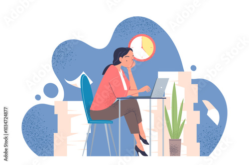 Overworked woman at workplace. Girl with stack of papers in office. Tired employee with laptop. Bad time management and poor work organization. Flat vector illustration isolated on white background