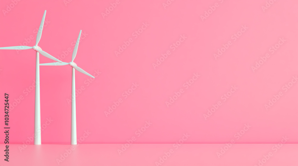 Two white wind turbines against a vibrant pink background, symbolizing renewable energy and sustainability. Two white wind turbines against a vibrant pink background, symbolizing renewable energy and sustainability.