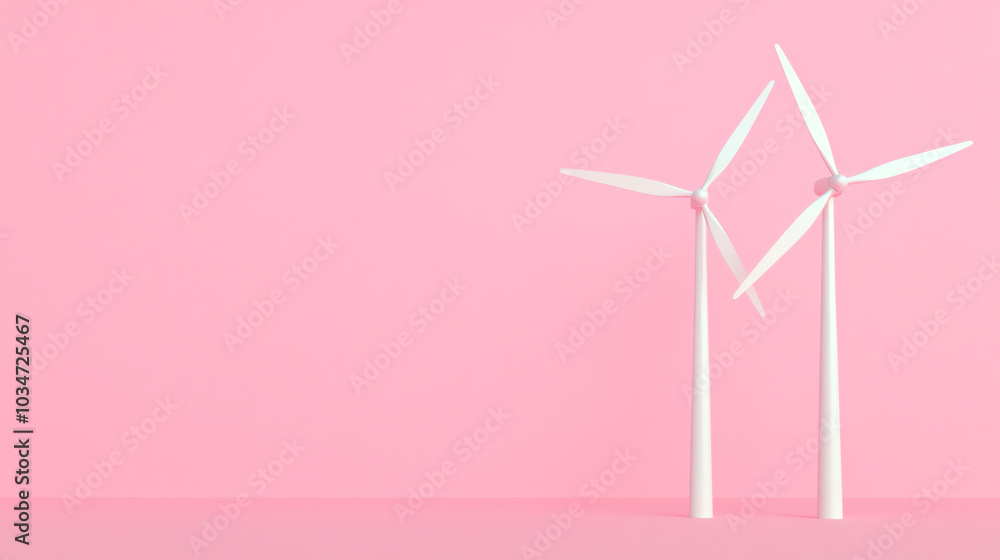 Two white wind turbines on a pink background, symbolizing renewable energy and sustainability in a clean environment. Two white wind turbines on a pink background, symbolizing renewable energy and sustainability in a clean environment.